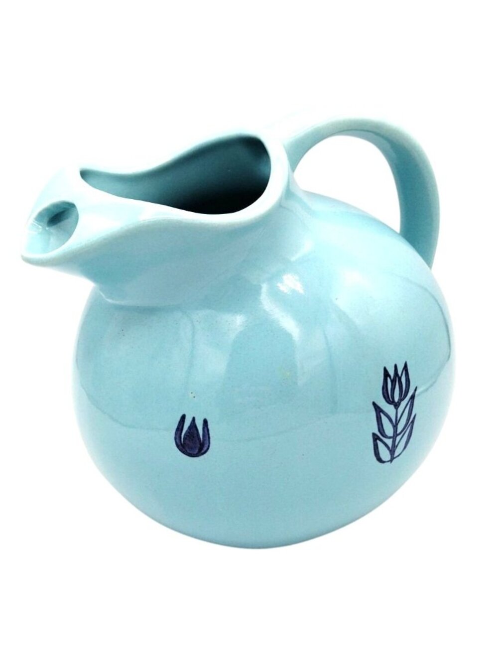 Cronin Robins Egg Blue Danish Tulip Print Ceramic Pitcher USA Pottery 1950s